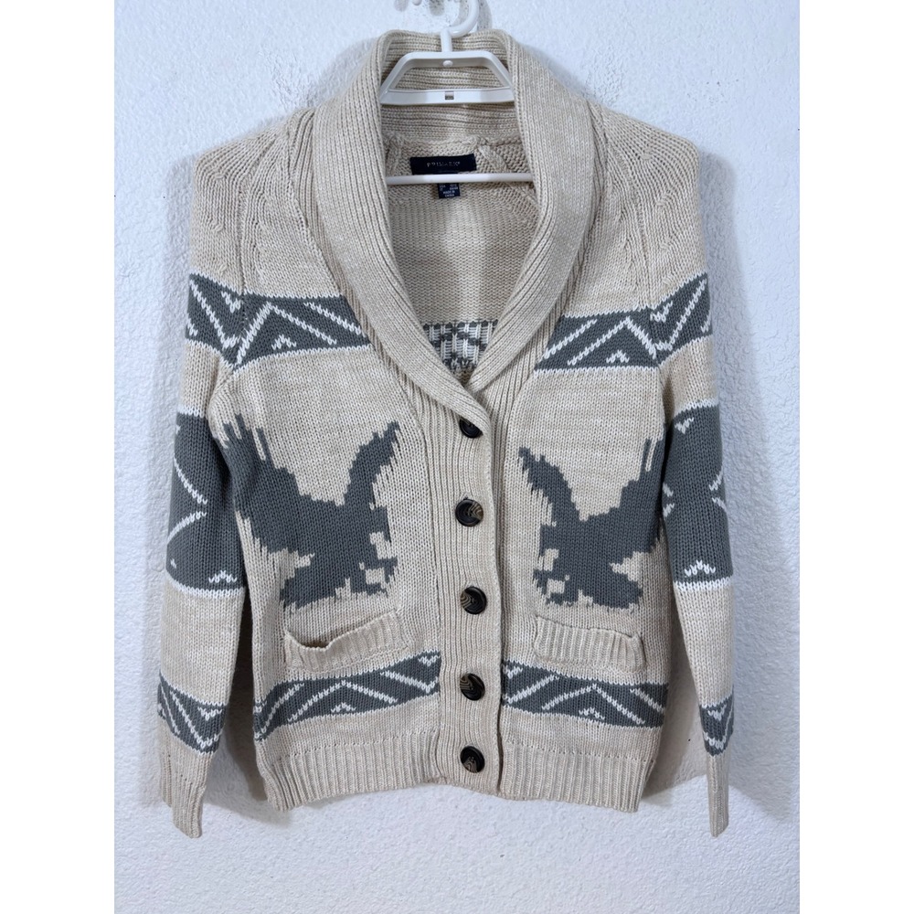 Primark Cardigan Women Medium Beige Southwestern Eagle Shawl Collar Chunky Knit